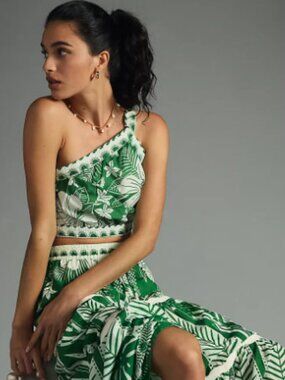 Farm Rio Macaw Elegance Crop Top One Shoulder Green White Cotton Size XS